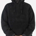 Endeavor Sherpa Riding Hoodie - A black hoodie with a sherpa lining and drawstring hood, worn by a model who is only visible from the waist up.