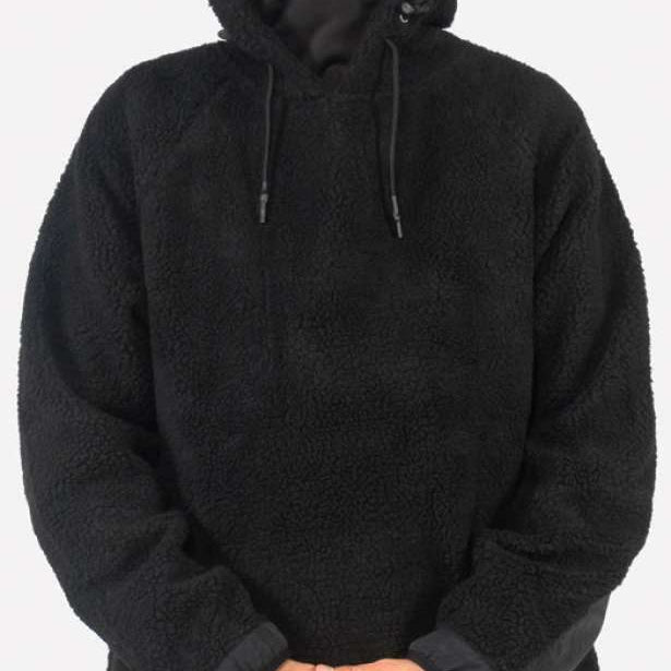 Endeavor Sherpa Riding Hoodie - A black hoodie with a sherpa lining and drawstring hood, worn by a model who is only visible from the waist up.