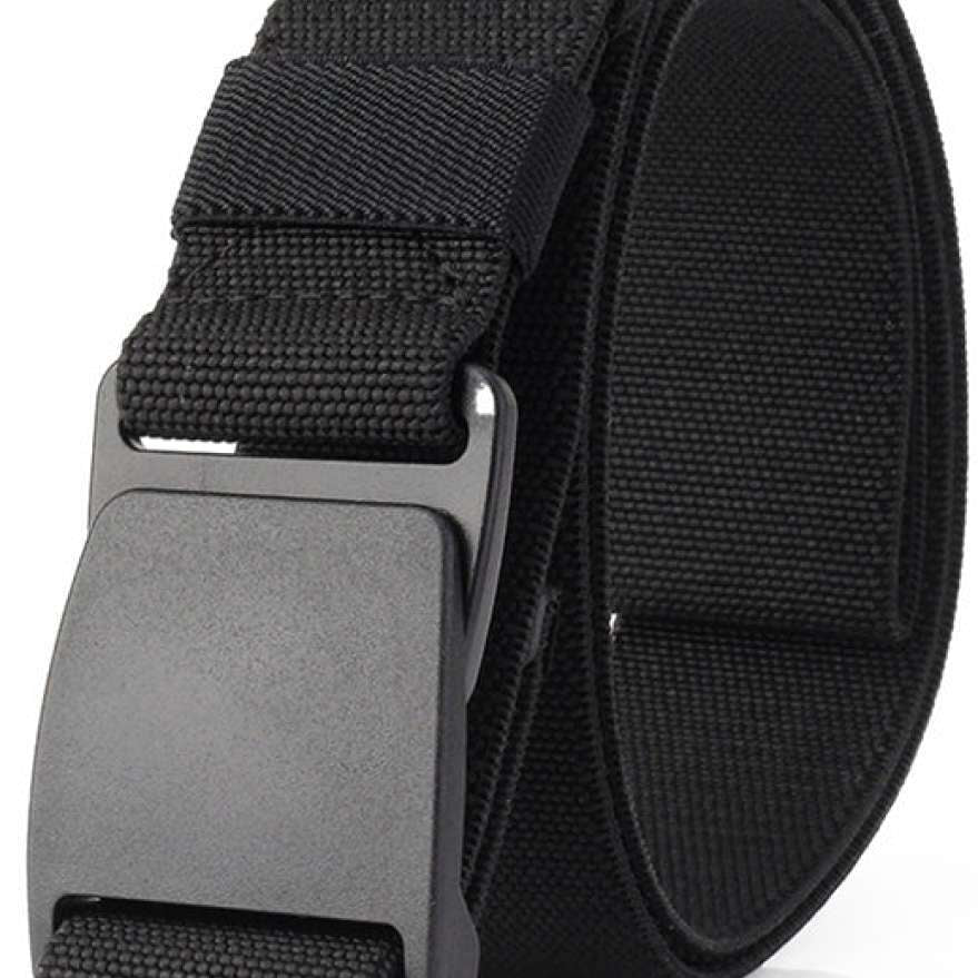 Endeavor Surplus Belt 2023 - Black nylon belt with silver metal buckle and woven pattern.