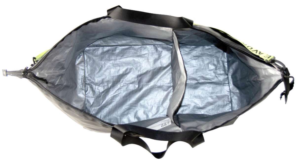 Endeavor Surplus Cargo Bag 2024 - Grey bag with yellow accents and black straps, featuring a zippered opening on top.