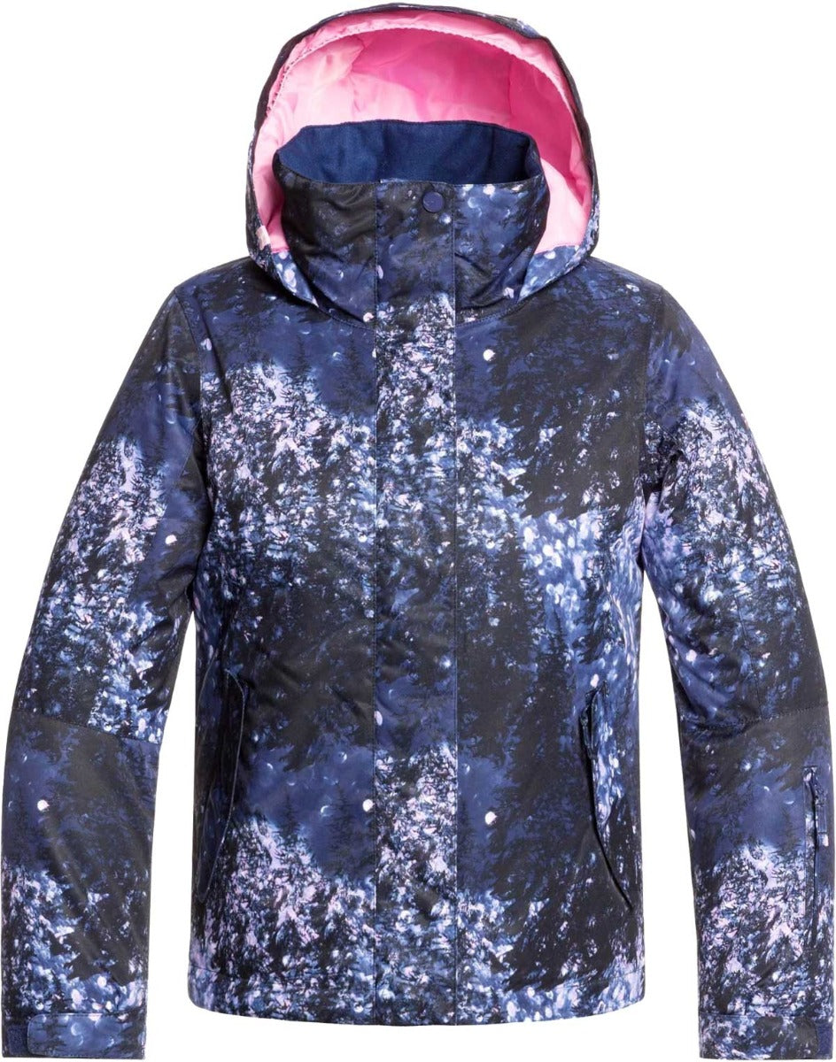 Roxy Junior's Insulated Jetty Snow Jacket 2020 - A navy blue snow jacket with a white and pink abstract pattern, featuring a hood and two front pockets.
