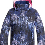Roxy Junior's Insulated Jetty Snow Jacket 2020 - A navy blue snow jacket with a white and pink abstract pattern, featuring a hood and two front pockets.