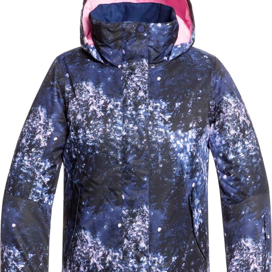 Roxy Junior's Insulated Jetty Snow Jacket 2020 - A navy blue snow jacket with a white and pink abstract pattern, featuring a hood and two front pockets.