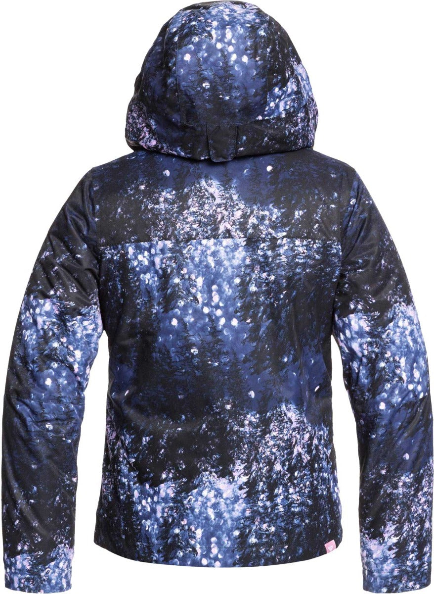 Roxy Junior's Insulated Jetty Snow Jacket 2020 - A black snow jacket with a white and blue abstract pattern on the back, featuring a hood.
