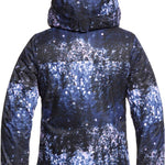 Roxy Junior's Insulated Jetty Snow Jacket 2020 - A black snow jacket with a white and blue abstract pattern on the back, featuring a hood.