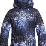 Roxy Junior's Insulated Jetty Snow Jacket 2020 - A black snow jacket with a white and blue abstract pattern on the back, featuring a hood.