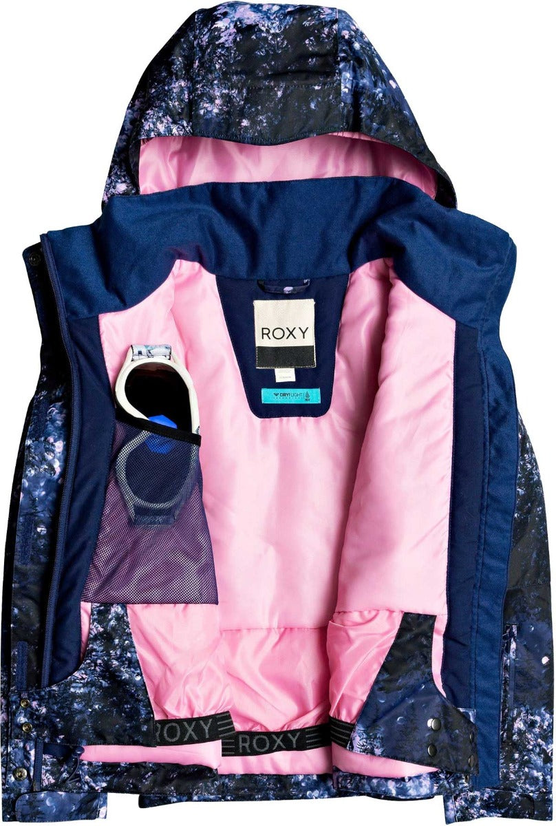 Roxy Junior's Insulated Jetty Snow Jacket 2020 - A navy blue snow jacket with a white and pink floral pattern on the hood, sleeve cuffs, and lower front portion.