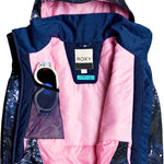 Roxy Junior's Insulated Jetty Snow Jacket 2020 - A navy blue snow jacket with a white and pink floral pattern on the hood, sleeve cuffs, and lower front portion.