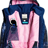 Roxy Junior's Insulated Jetty Snow Jacket 2020 - A navy blue snow jacket with a white and pink floral pattern on the hood, sleeve cuffs, and lower front portion.