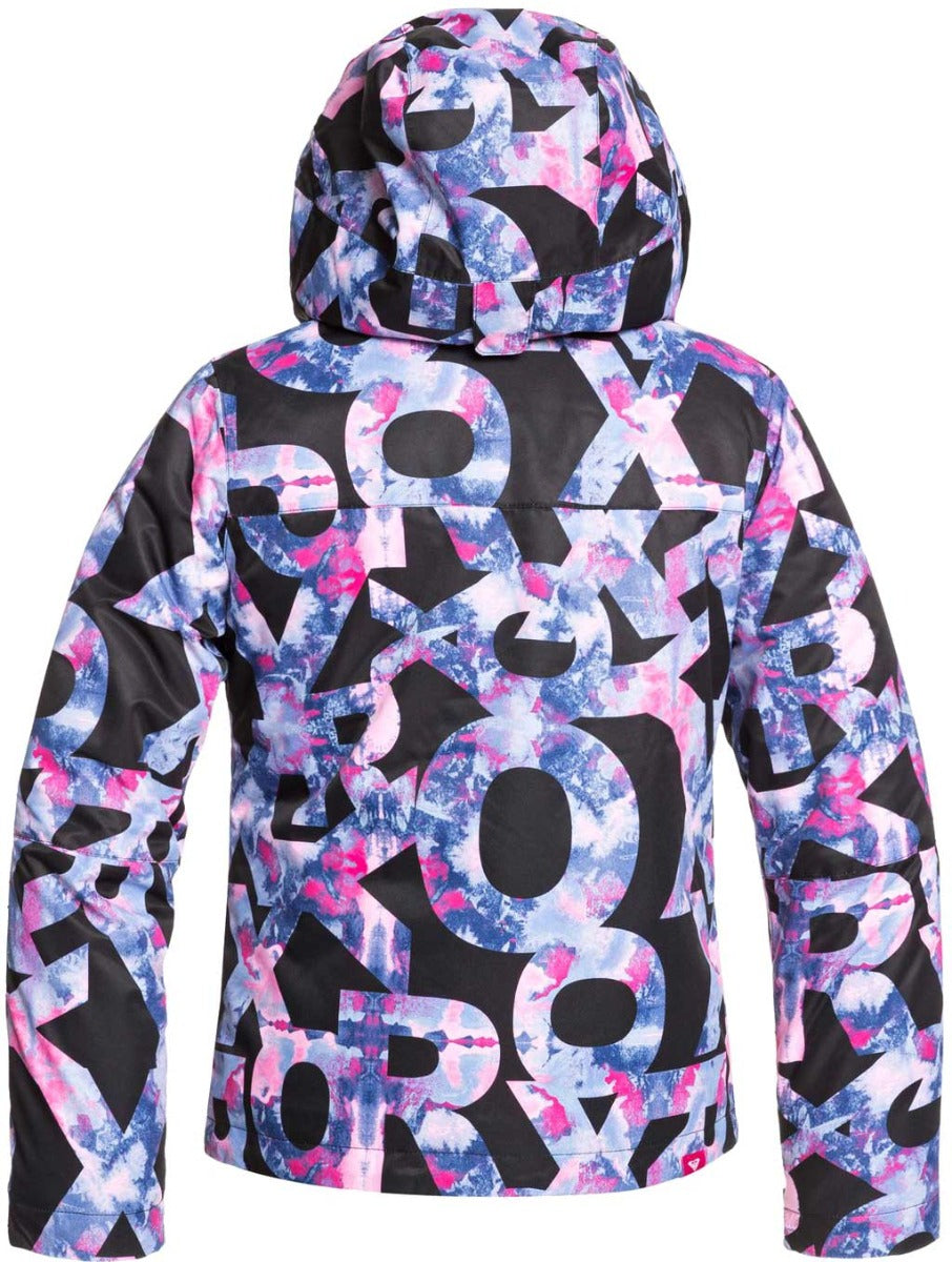 Roxy Junior's Insulated Jetty Snow Jacket 2020 - A black snow jacket with a pink and blue abstract pattern.