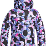 Roxy Junior's Insulated Jetty Snow Jacket 2020 - A black snow jacket with a pink and blue abstract pattern.