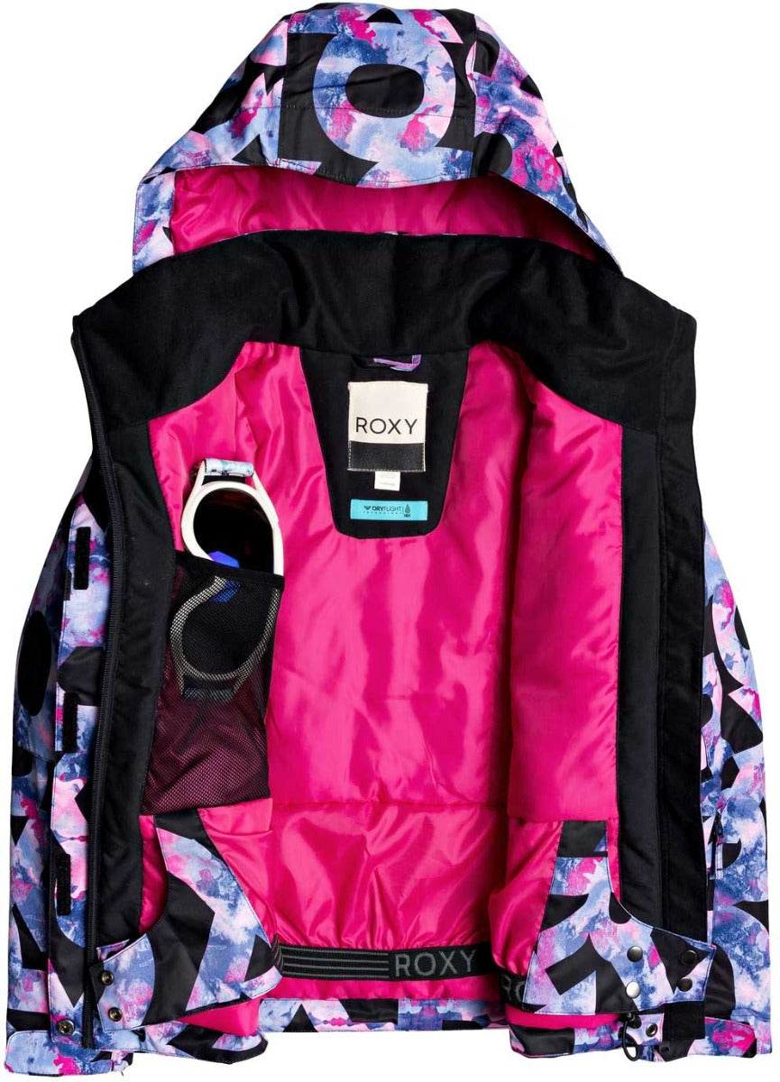 Roxy Junior's Insulated Jetty Snow Jacket 2020 - A black snow jacket with a white and pink abstract pattern, featuring a hood and zippered pockets.