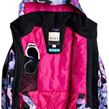 Roxy Junior's Insulated Jetty Snow Jacket 2020 - A black snow jacket with a white and pink abstract pattern, featuring a hood and zippered pockets.