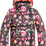 Roxy Junior's Insulated Jetty Snow Jacket 2020 - A black snow jacket with a pink floral pattern and a hood, featuring a zipper down the front.