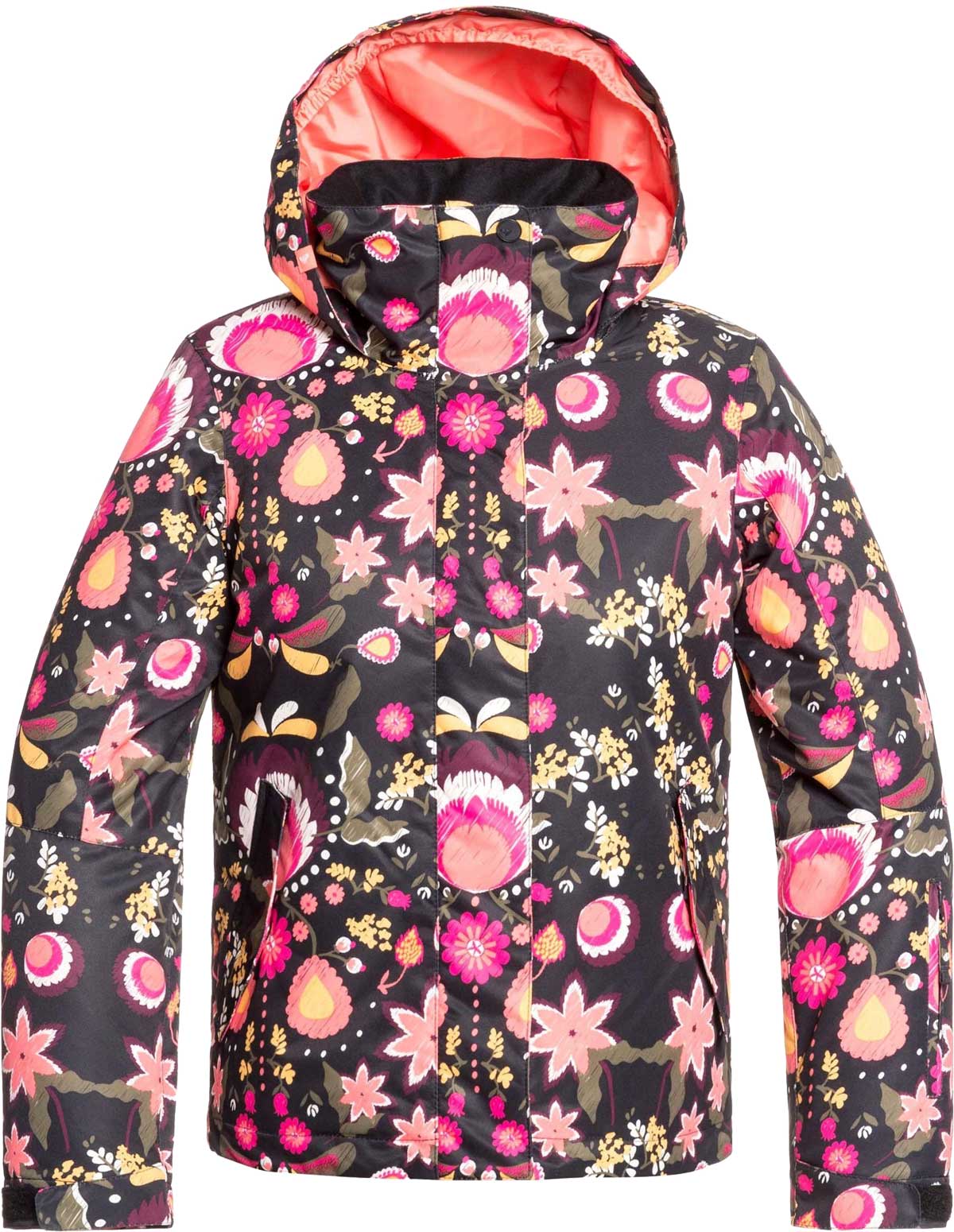 Roxy Junior's Insulated Jetty Snow Jacket 2020 - A black snow jacket with a pink floral pattern and a hood, featuring a zipper down the front.