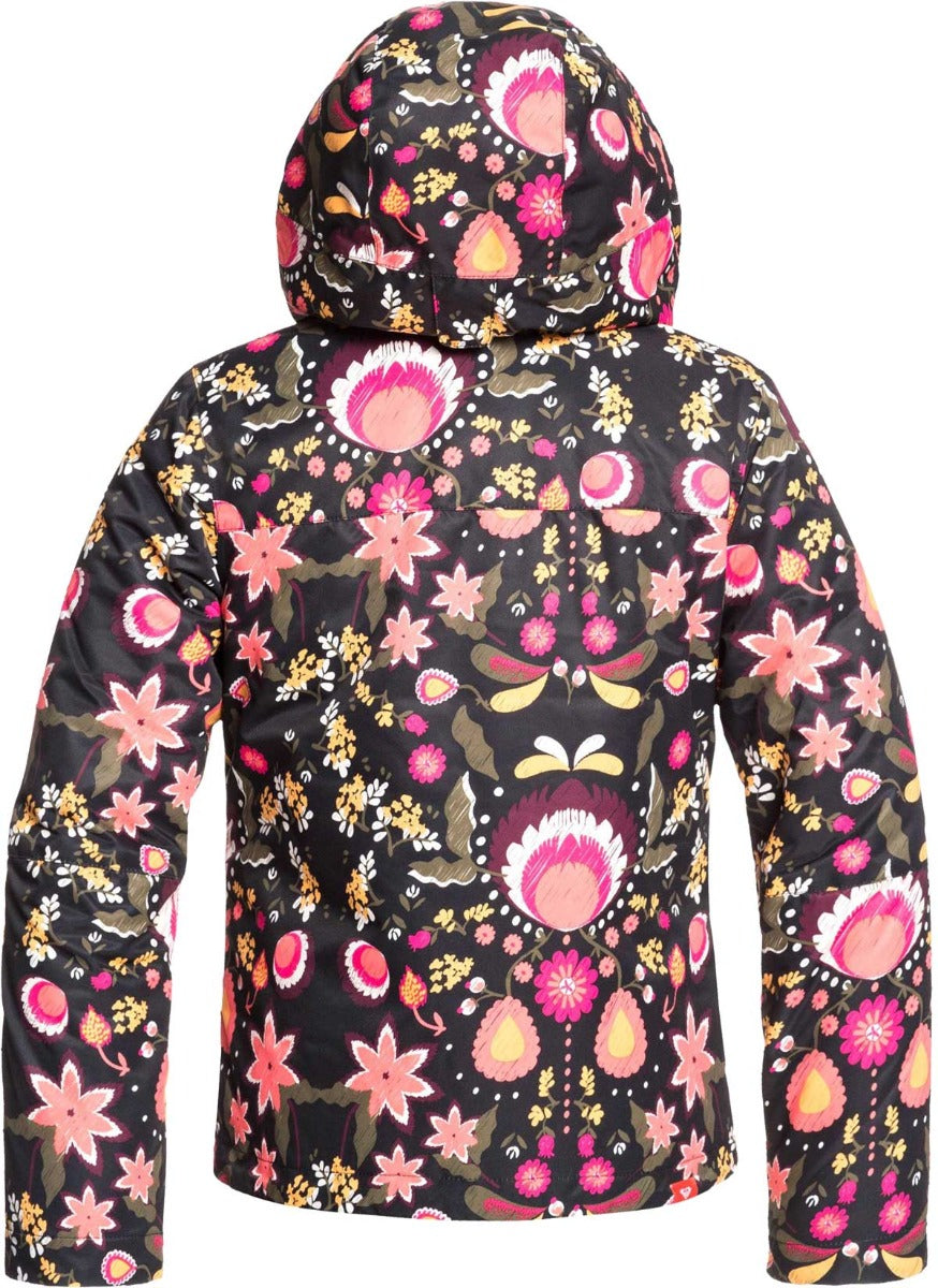 Roxy Junior's Insulated Jetty Snow Jacket 2020 - A black snow jacket with a floral pattern of pink, white, and yellow flowers.