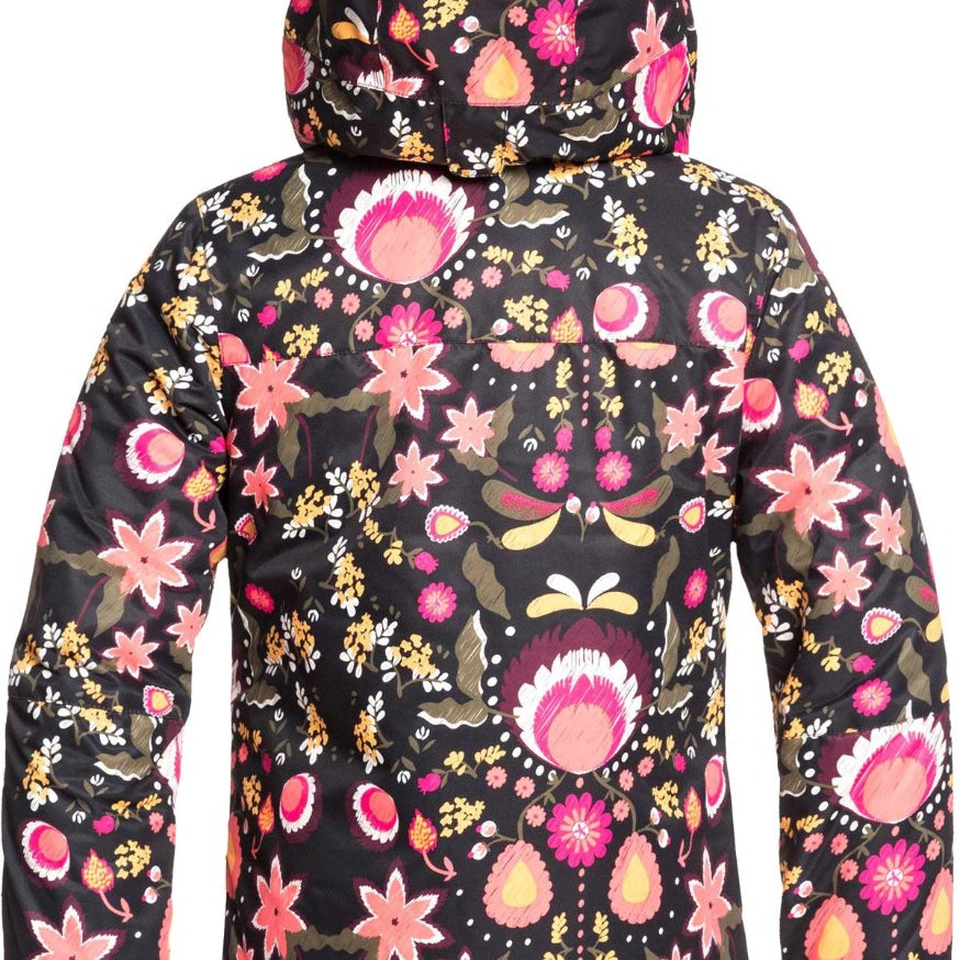 Roxy Junior's Insulated Jetty Snow Jacket 2020 - A black snow jacket with a floral pattern of pink, white, and yellow flowers.