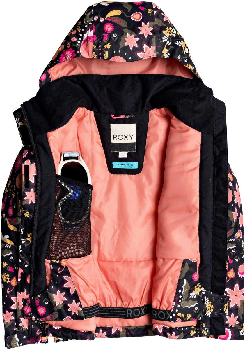 Roxy Junior's Insulated Jetty Snow Jacket 2020 - A black snow jacket with a pink floral pattern and a hood, featuring a white zipper pull on the front pocket.