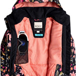 Roxy Junior's Insulated Jetty Snow Jacket 2020 - A black snow jacket with a pink floral pattern and a hood, featuring a white zipper pull on the front pocket.