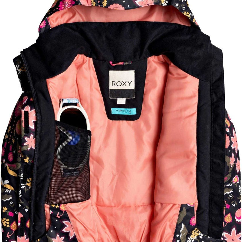 Roxy Junior's Insulated Jetty Snow Jacket 2020 - A black snow jacket with a pink floral pattern and a hood, featuring a white zipper pull on the front pocket.