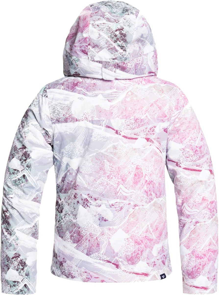 Roxy Junior's Insulated Jetty Snow Jacket 2020 - A white snow jacket with a pink and purple abstract pattern, featuring a hood.