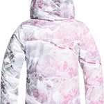 Roxy Junior's Insulated Jetty Snow Jacket 2020 - A white snow jacket with a pink and purple abstract pattern, featuring a hood.