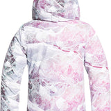 Roxy Junior's Insulated Jetty Snow Jacket 2020 - A white snow jacket with a pink and purple abstract pattern, featuring a hood.