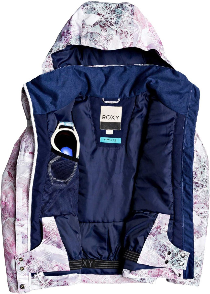 Roxy Junior's Insulated Jetty Snow Jacket 2020 - A white snow jacket with a pink and grey abstract pattern, featuring a hood and zippered pockets.