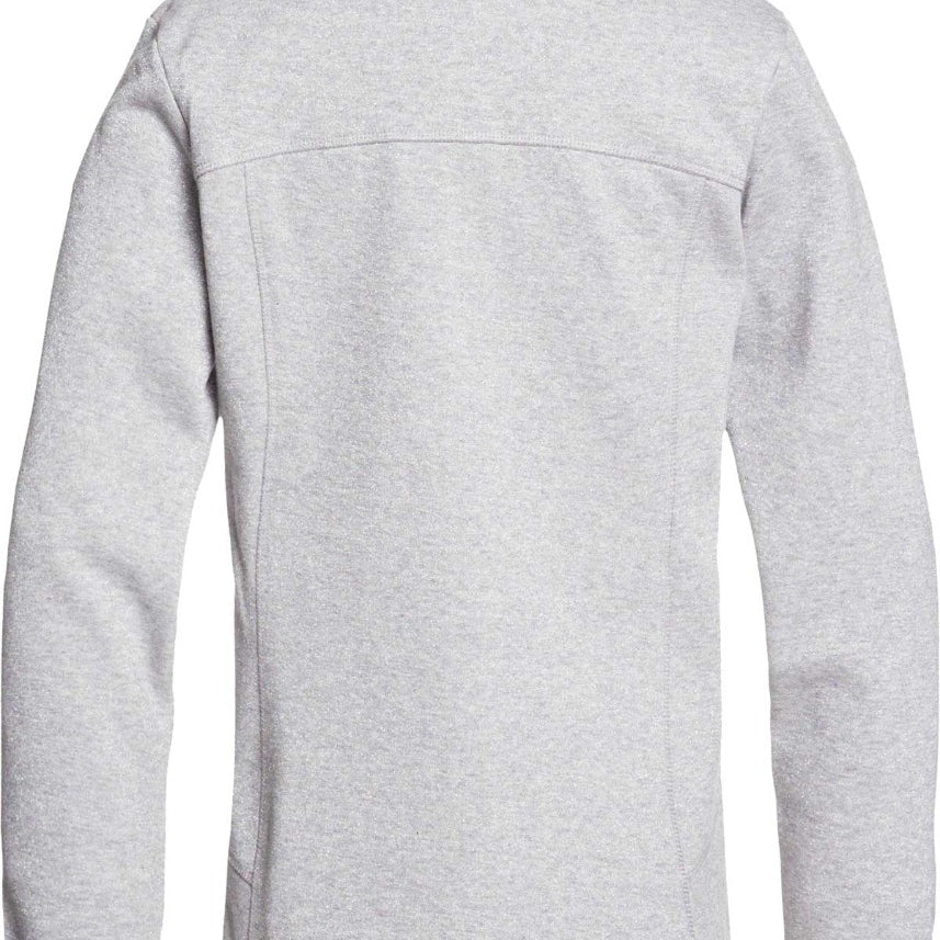 Roxy Women's Harmony Shimmer Zip-Up Mock Neck Fleece 2020 - A heathered grey fleece zip-up sweater with a shimmering silver zipper and mock neck collar.