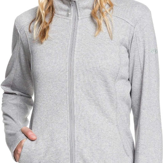 Roxy Women's Harmony Shimmer Zip-Up Mock Neck Fleece 2020 - A heathered grey zip-up fleece with a mock neck collar and zipper closure.