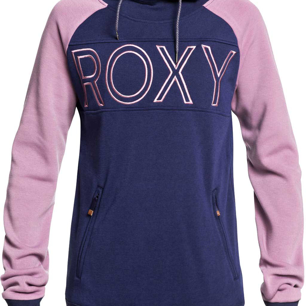 Roxy Women's Liberty Pullover Technical Hoodie 2020 - A navy blue hoodie with a large ROXY logo in pink across the chest.