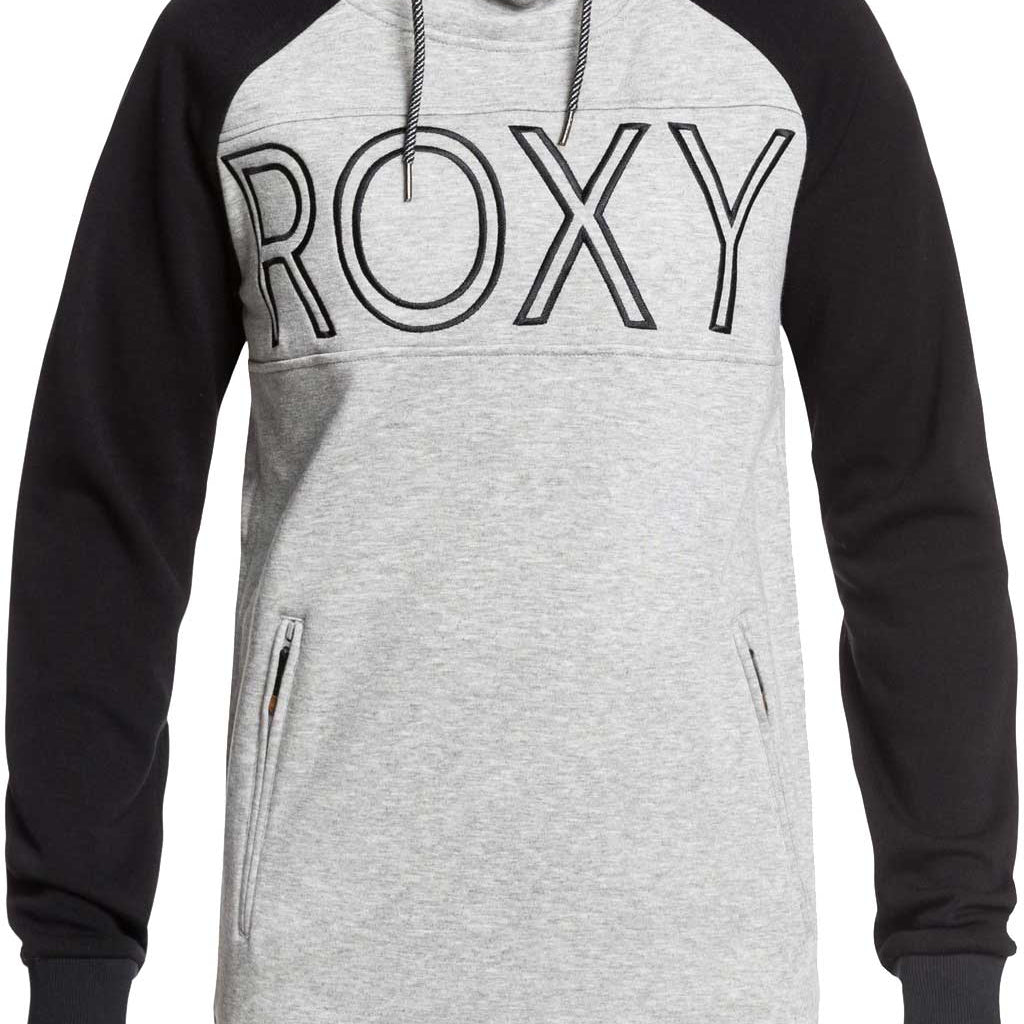 Roxy Women's Liberty Pullover Technical Hoodie 2020 - A heathered grey hoodie with a large "ROXY" logo on the chest in black and white.