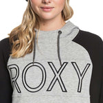 Roxy Women's Liberty Pullover Technical Hoodie 2020 - A heathered grey hoodie with a black hood and black drawstrings.