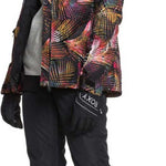 Roxy Women's Liberty Pullover Technical Hoodie 2020 - A black technical hoodie with a colorful abstract pattern of pink, orange, white and yellow lines on the front.