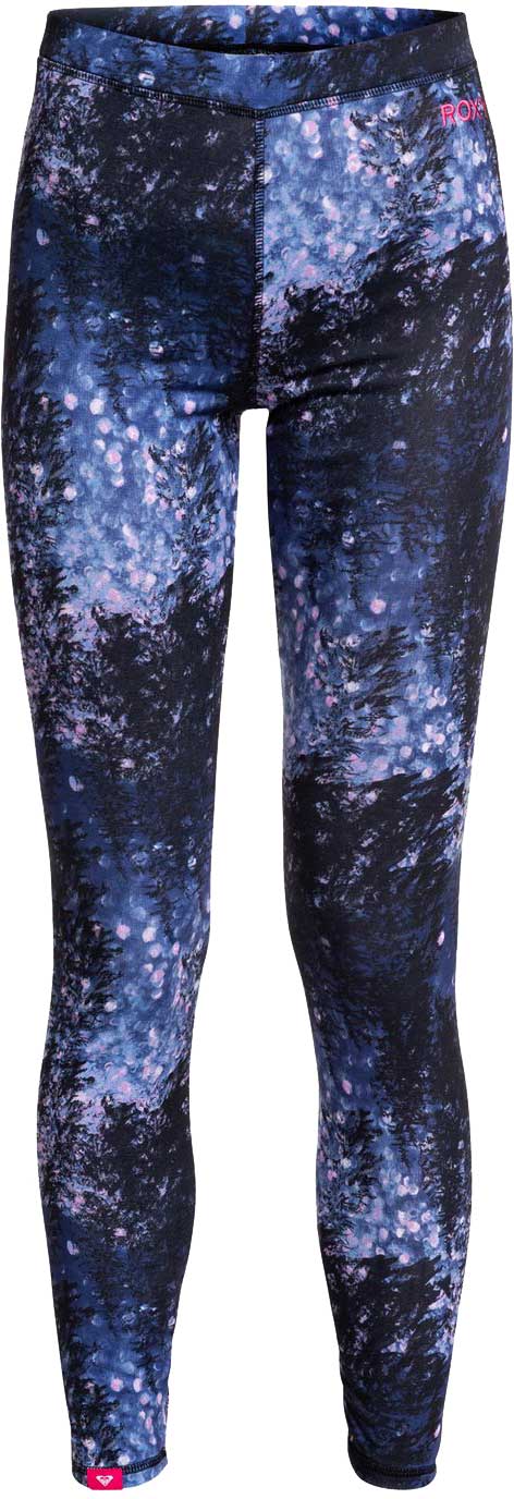 Roxy Women's Daybreak Technical Baselayer Leggings 2020 - A pair of black leggings with a subtle pink pattern and white speckles.