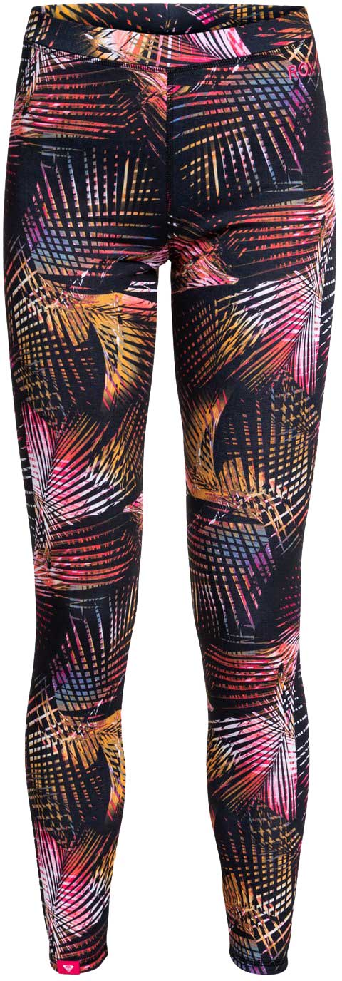 Roxy Women's Daybreak Technical Baselayer Leggings 2020 - Black leggings with a colorful abstract pattern of pink, orange, and white lines on a black background.