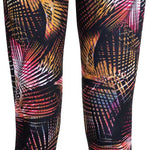 Roxy Women's Daybreak Technical Baselayer Leggings 2020 - Black leggings with a colorful abstract pattern of pink, orange, and white lines on a black background.