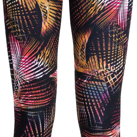 Roxy Women's Daybreak Technical Baselayer Leggings 2020 - Black leggings with a colorful abstract pattern of pink, orange, and white lines on a black background.
