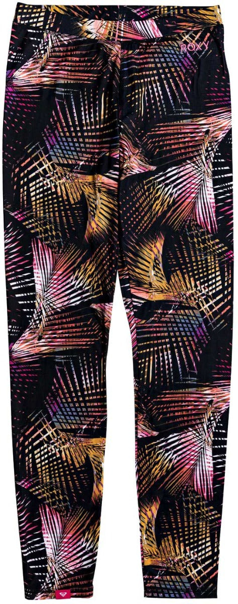 Roxy Women's Daybreak Technical Baselayer Leggings 2020 - Black leggings with a palm tree print in shades of pink, orange, and white.