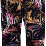 Roxy Women's Daybreak Technical Baselayer Leggings 2020 - Black leggings with a palm tree print in shades of pink, orange, and white.