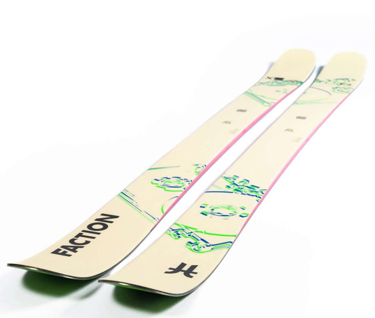 Faction Women's Prodigy 2X Skis 2024 - White skis with green and blue abstract line art, featuring a pink stripe along the edge.