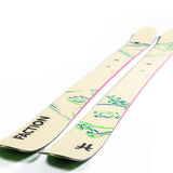 Faction Women's Prodigy 2X Skis 2024 - White skis with green and blue abstract line art, featuring a pink stripe along the edge.