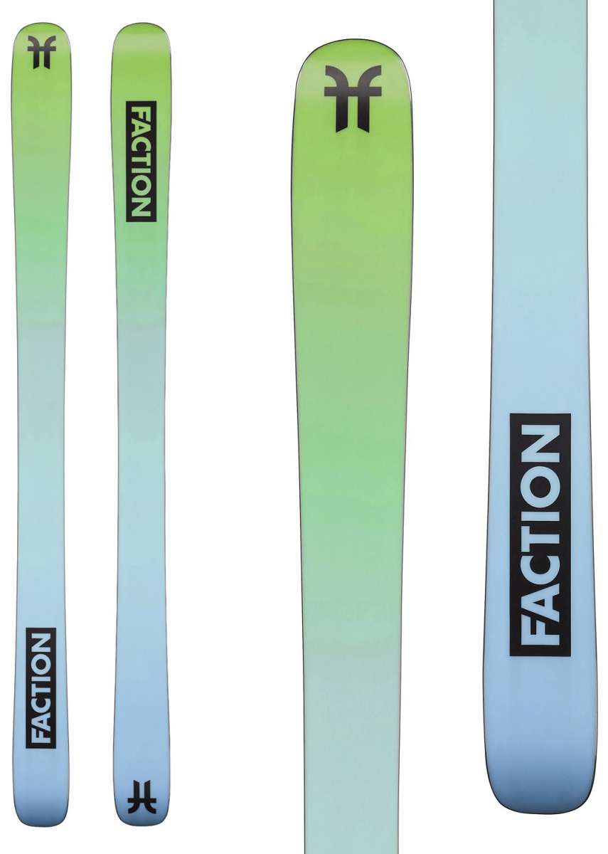 Faction Women's Prodigy 2X Skis 2024 - A pair of skis with a green top and blue bottom, featuring a black logo at the tip.