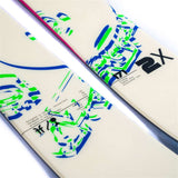 Faction Women's Prodigy 2X Skis 2024 - White skis with blue and green abstract design on top, black bindings at tip and tail.