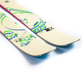 Faction Women's Prodigy 2X Skis 2024 - White skis with blue and green abstract design on top, black bindings at tip and tail.