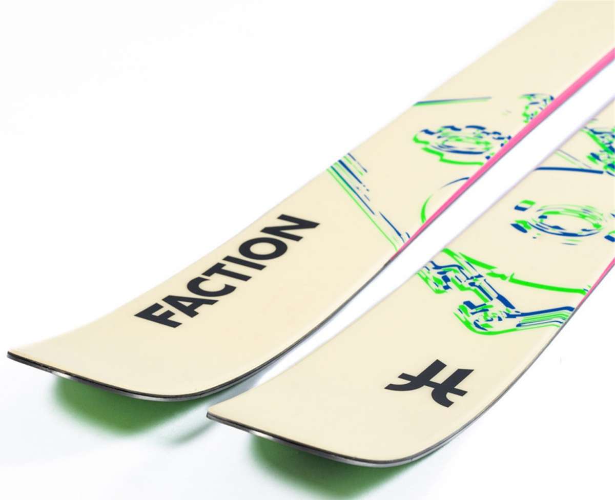Faction Women's Prodigy 2X Skis 2024 - White skis with blue and green abstract design on top, black Faction logo at tip of ski.