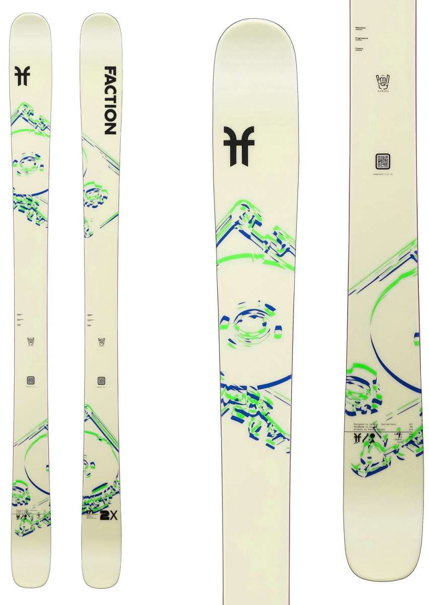 Faction Women's Prodigy 2X Skis 2024 - White skis with blue and green abstract design, featuring a mountain graphic on top.