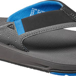 Reef Men's Fanning Low Sandals 2018 - A pair of gray sandals with a blue strap and black logo on top.