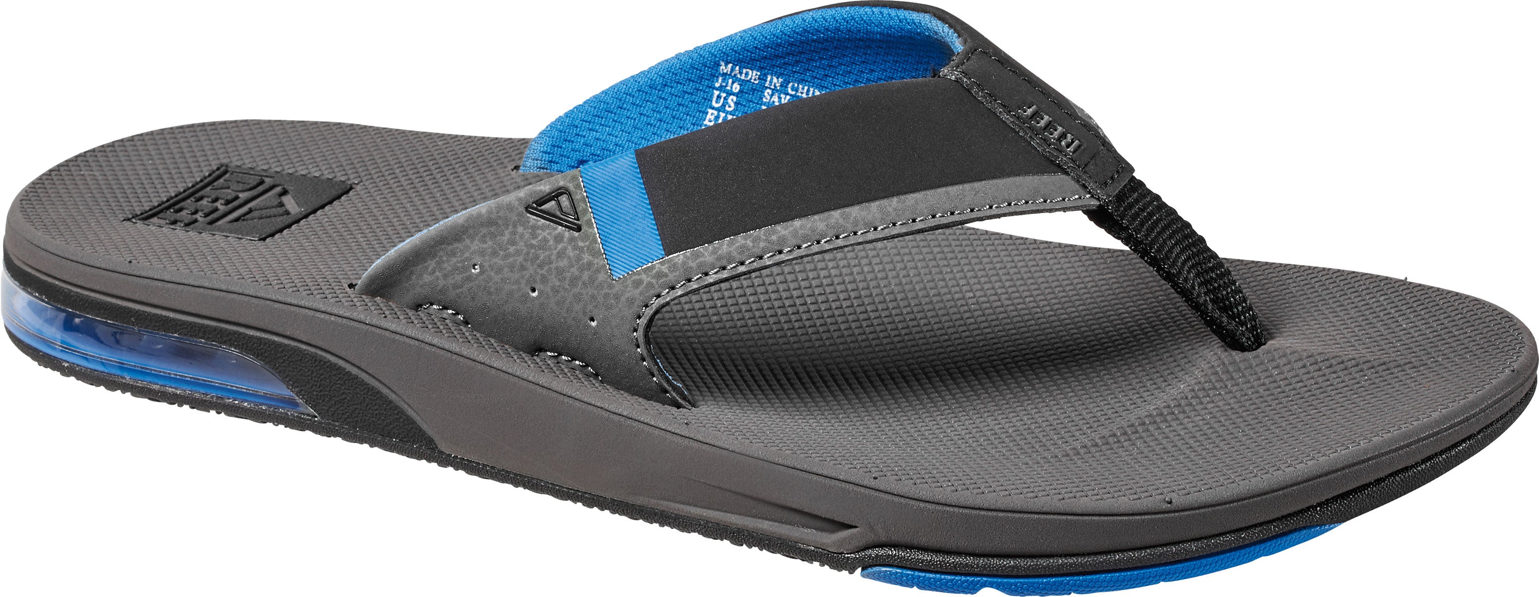 Reef Men's Fanning Low Sandals 2018 - A pair of gray sandals with a blue strap and black logo on top.