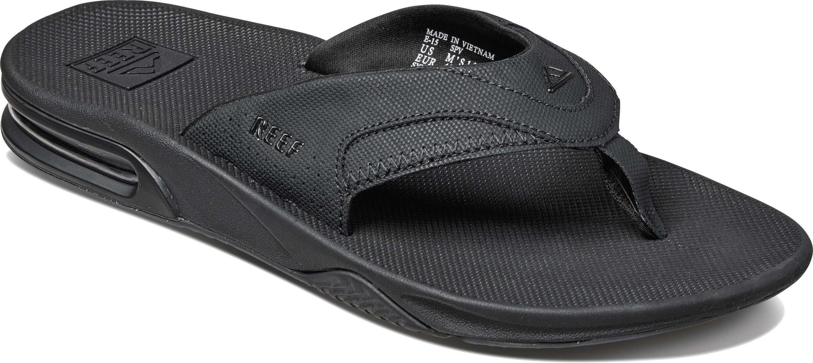 Reef Men's Fanning Sandals 2018 - A pair of black sandals with a textured strap and a logo on the side.